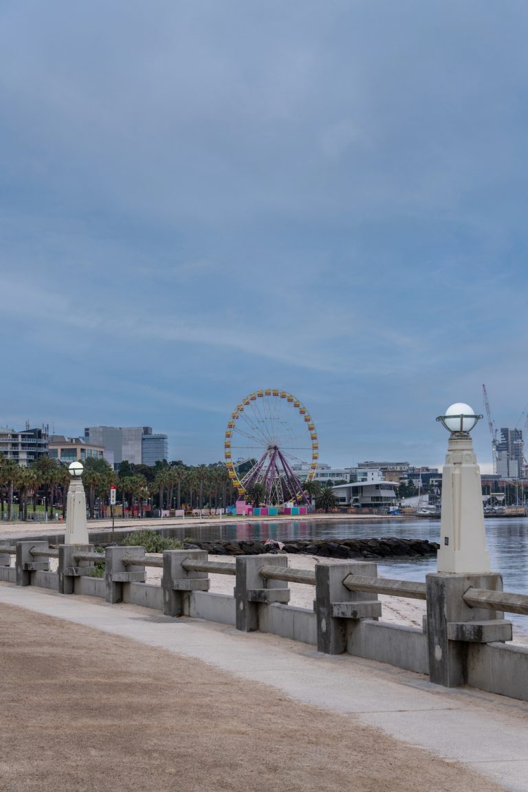 Geelong waterfront at Eastern Beach with the ferris wheel and bayside promenade at dusk.