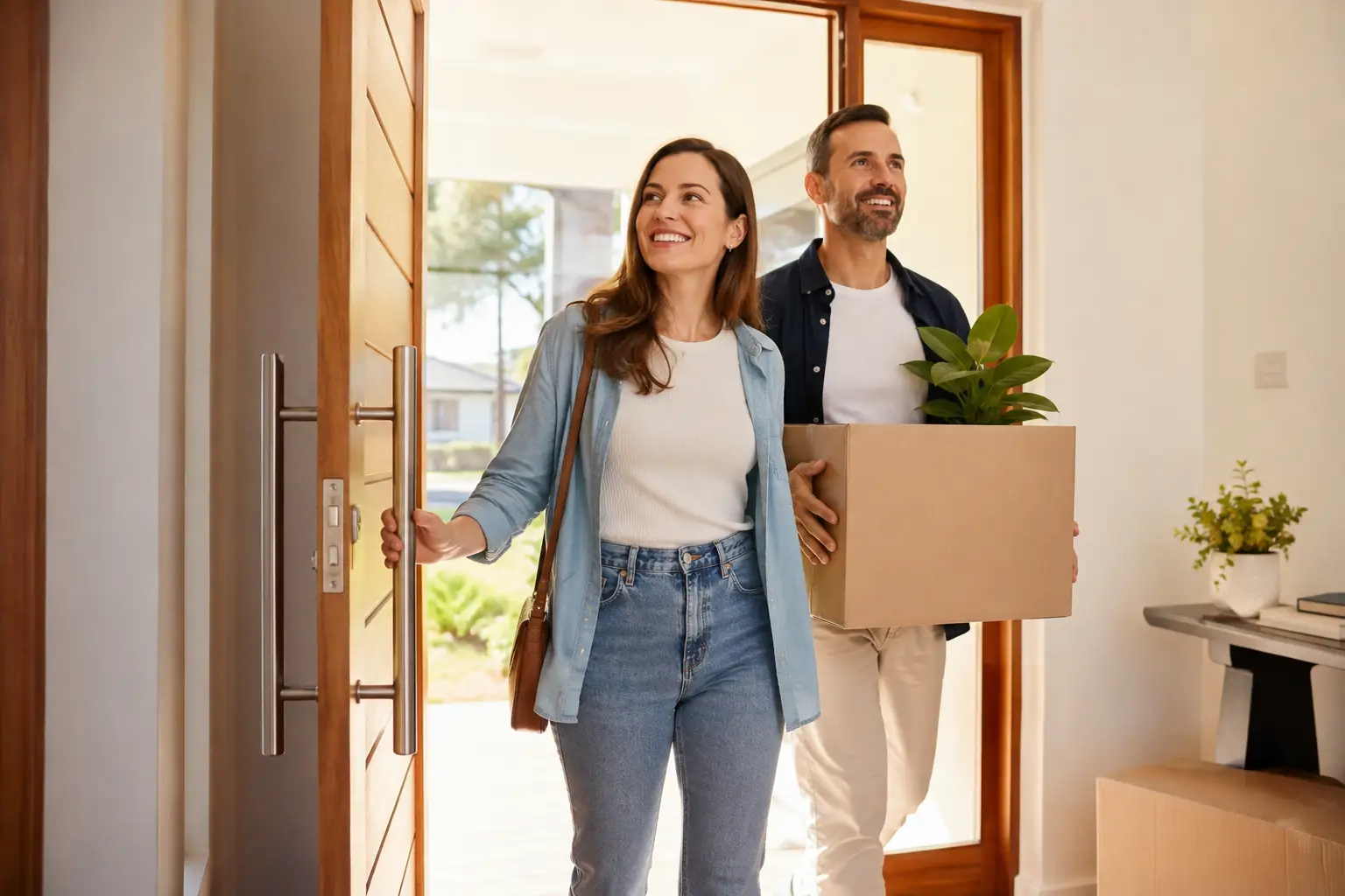 Couple entering their new home after buying their next property in Australia
