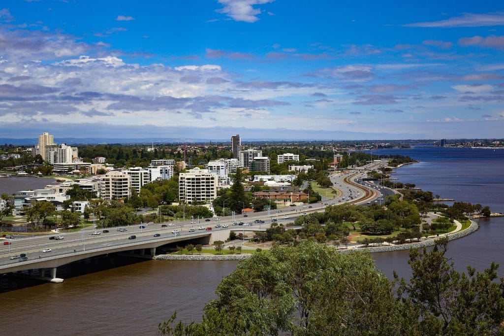 Perth city skyline and Swan River foreshore viewed from Belmont, Western Australia