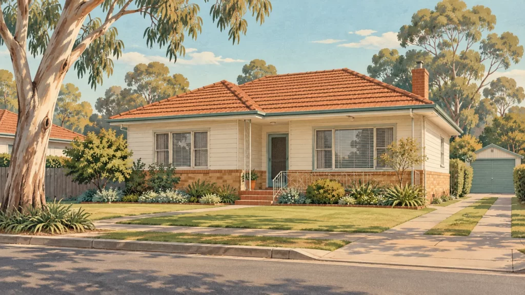 Illustration of a modest 1960s Australian suburban home with a tiled roof, front garden and eucalyptus trees.