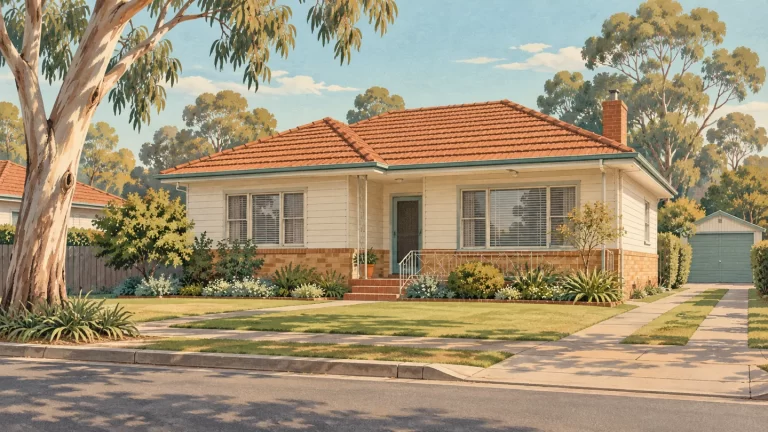 Illustration of a modest 1960s Australian suburban home with a tiled roof, front garden and eucalyptus trees.