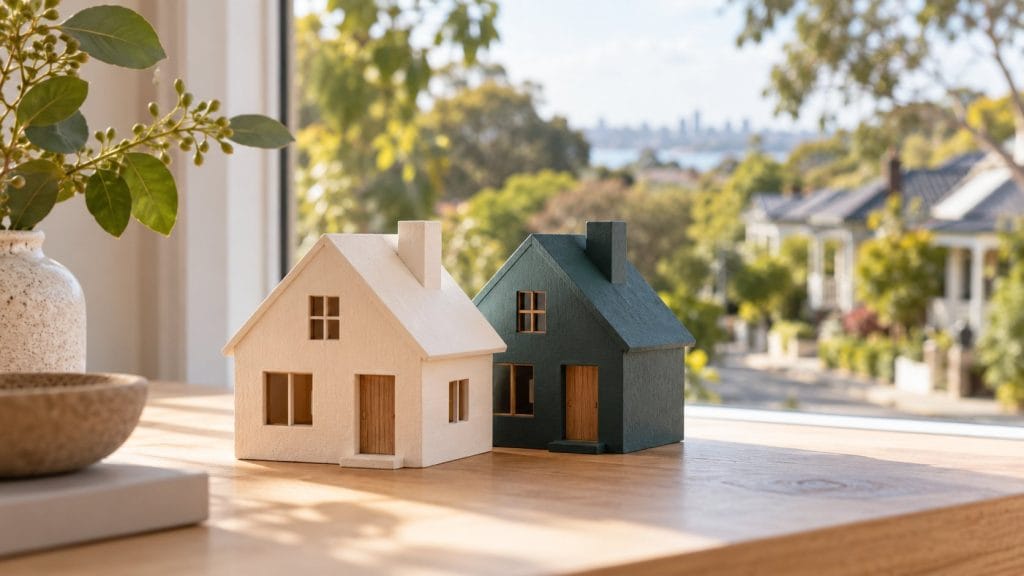 Two model houses on a sunlit table overlooking a leafy Australian neighbourhood.