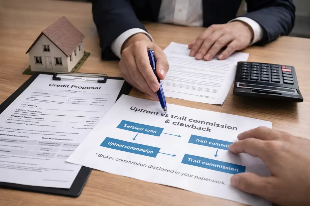 Mortgage broker explaining upfront and trail commission structure in Australia