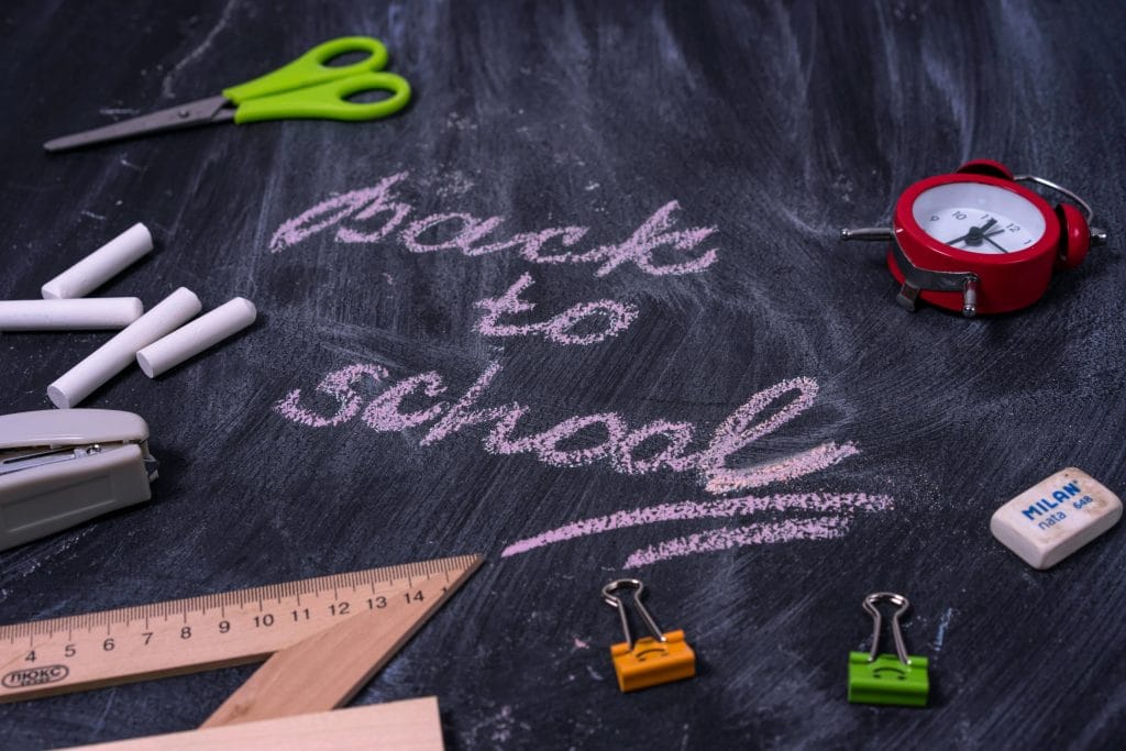 Back to school chalkboard with stationery for Melbourne’s western suburbs schools guide, Victoria Australia