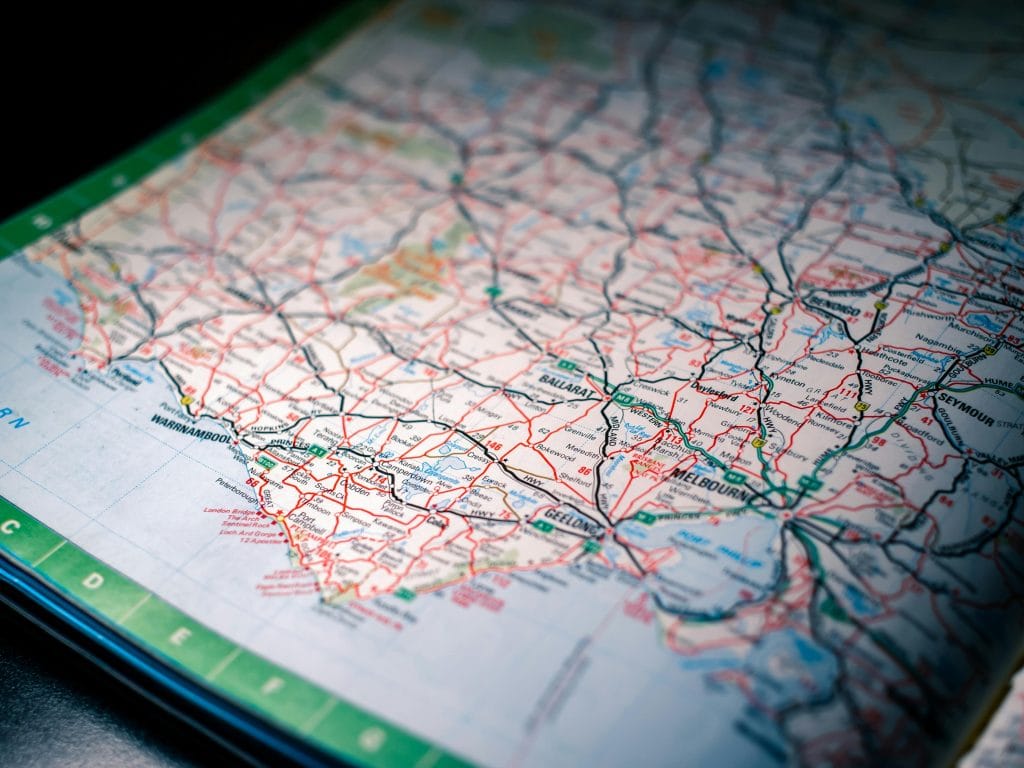 Close-up of a detailed road map highlighting routes in southeastern Australia.