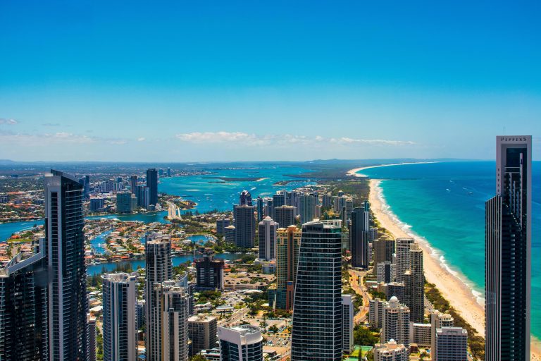 Aerial view of Southport Gold Coast skyline and Broadwater, Queensland, 2025