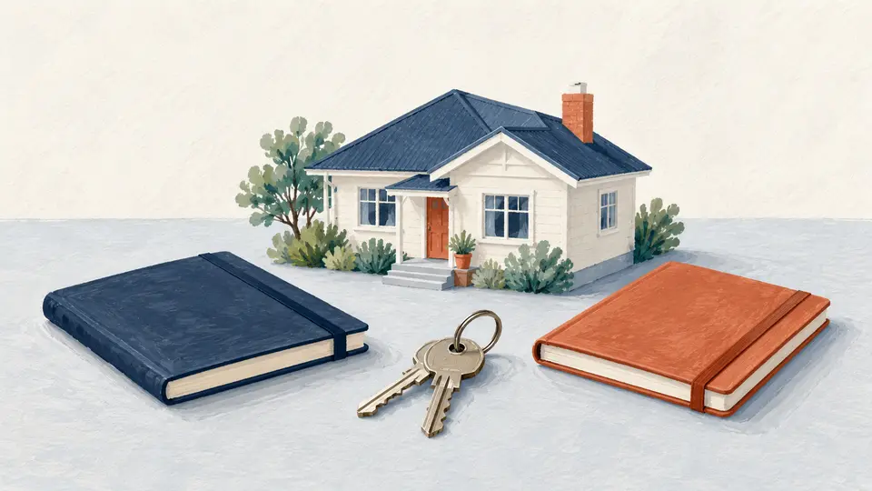 Editorial illustration of a house model, keys and two planning notebooks.