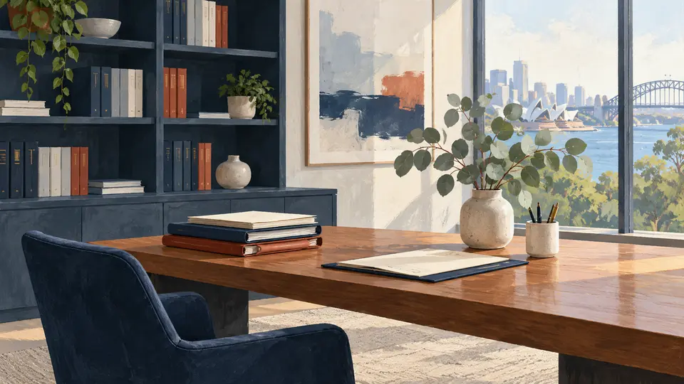 Editorial illustration of an organised law office with case files, bookshelves and a desk.