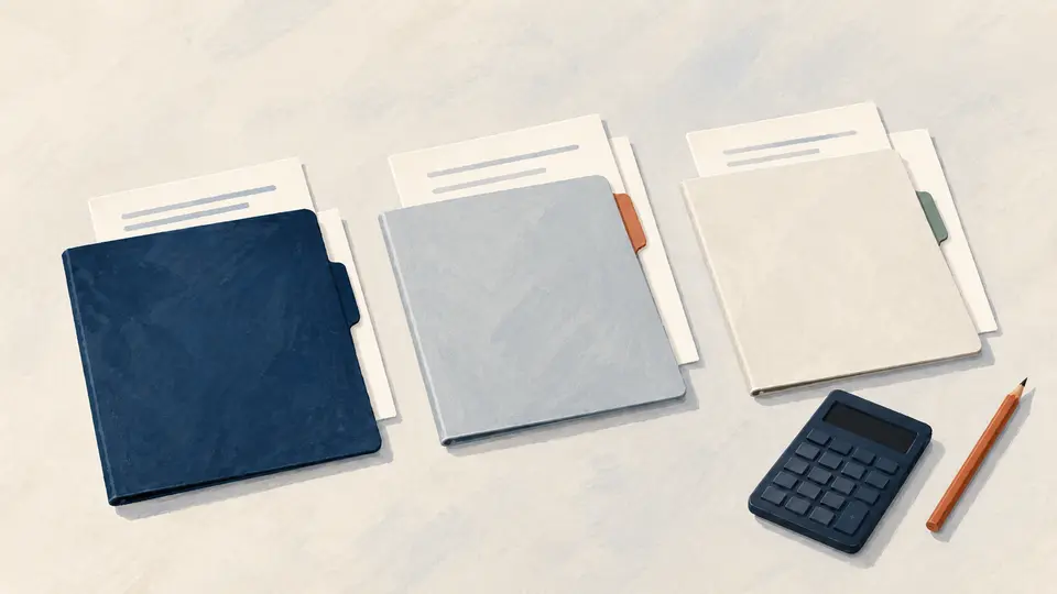 Editorial illustration of three document folders, a calculator and pencil for comparing legal costs.