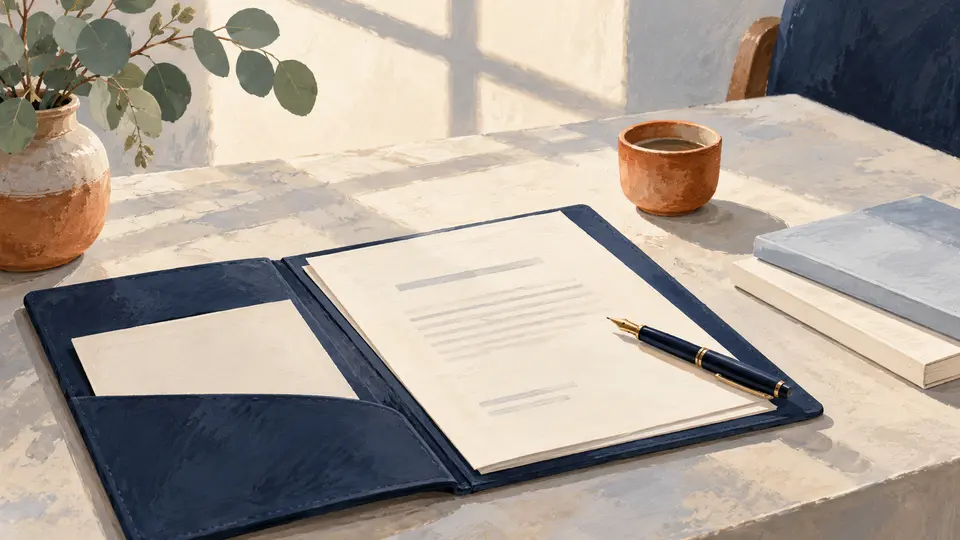 Editorial illustration of a legal planning folder, documents and pen on a consultation table.